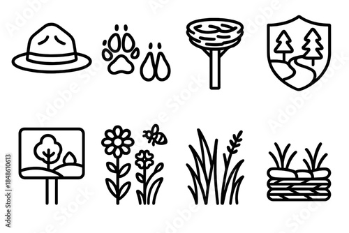 Wildlife Protection Icons. Wild Habitat Protection linear set: forest ranger hat, wildlife tracks, nesting platform, clean river symbol, protected area sign, pollinator patch,