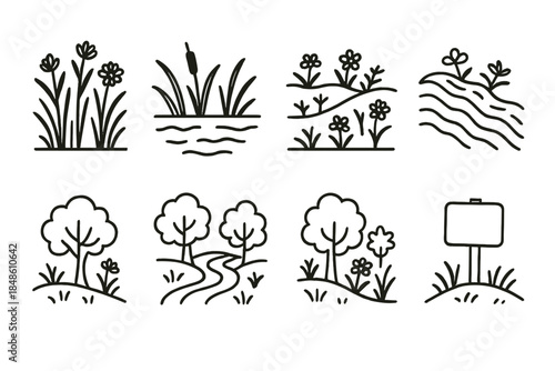 Conservation Landscape Icons. Conservation-focused landscapes linear set: native plant meadow, wetland buffer tile, pollinator corridor marker, erosion-control ridge, wildlife