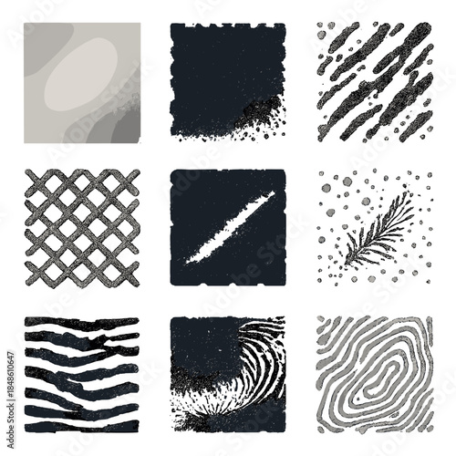 Pixel Art Texture Icons. Expressive Texture Elements pixel style set: soft blur field, jagged edge motif, granular dust layer, flowing ink streaks, mesh lattice, chalk edge line,