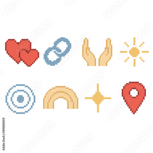 Pixel Art Unity Icons. Mutual Companionship pixel style set: paired hearts, open circle link, caring hands, soft radiance, calm ripple, unity arc, steady glow, shared marker.