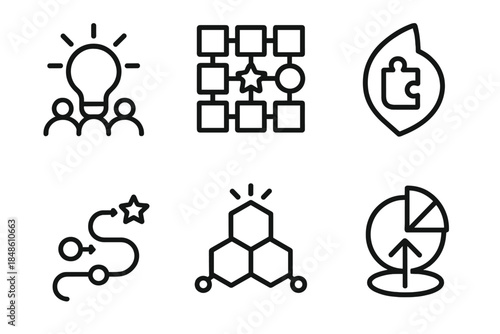 Creative Icon Grid. Intelligent Creative Frameworks linear set: ideation hub, recombination grid, adaptive motif icon, creativity stream line, generative nexus, impact indicator.
