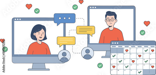 Online Dating Video Chat Illustration Showing Virtual Couple Messaging Calendar Planning and Digital Romance Interaction Concept for Modern Relationship Platforms