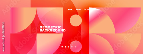 Abstract geometric background. Vibrant red, pink hues blend. Circles overlap creating dynamic visual effect. Text labels present top right.