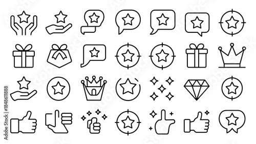 Set of Line Art Icons for Customer Feedback Ratings and Rewards Keywords: customer, feedback, ratings, rewards, icons, set, star, hand, gift, crown, diamond, thumbs up, like, target