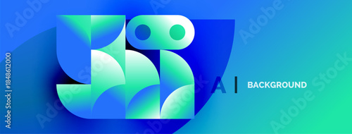 Abstract robot head design. Vibrant blue, green gradients create futuristic feel. Modern digital illustration.