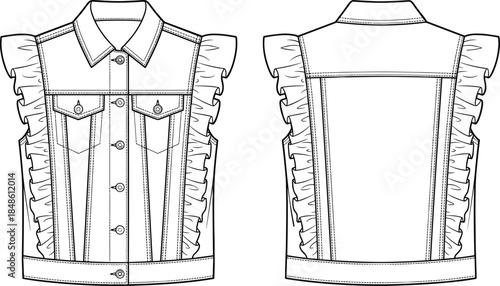 Sleeveless Denim Vest Technical Flat Sketch with Ruffle Details Showing Front and Back View Fashion Apparel Design Illustration Template