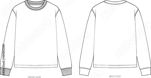 Long Sleeve Sweatshirt Technical Flat Sketch Showing Front and Back View Apparel Design Template for Fashion Manufacturing Clothing Illustration
