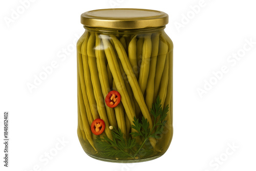 Jar of pickled green beans with dill and red pepper slices sealed with gold lid
