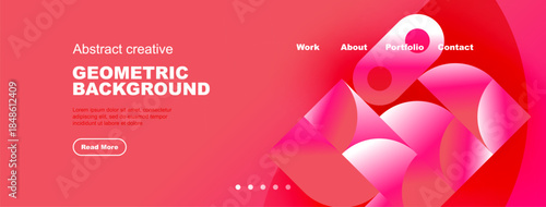 Abstract geometric background design. Pink, purple hues dominate visual space. Navigation includes work, about, portfolio, contact options.