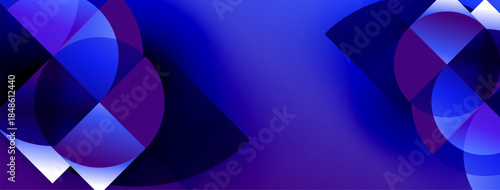 Abstract composition. Blue, purple hues blend. Circular shapes overlap creating dynamic visual effect. Modern design element.
