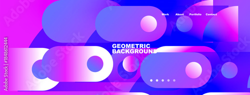Abstract geometric shapes, vibrant purple hues dominate design. Navigation menu present, simple dots indicate sections. Modern aesthetic.