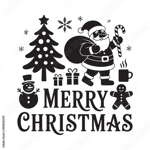 Merry christmas santa claus snowman christmas tree and presents illustration