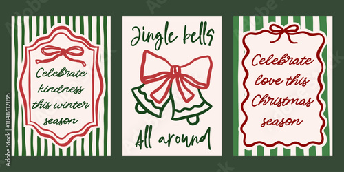 Whimsical Christmas vector cards set. Vintage retro holidays print designs with jingle bells illustration, festive quotes in coquette frames