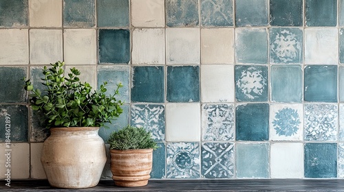 A rustic kitchen or bathroom scene with an aged, Mediterranean-style tile backsplash. The weathered, colorful patterns create a warm, vintage, and inviting atmosphere for interior design concepts.