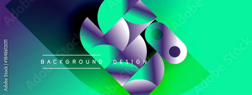 Abstract geometric shapes blend vibrant turquoise, purple hues. Modern design features layered elements, dynamic composition. Text reads background design.