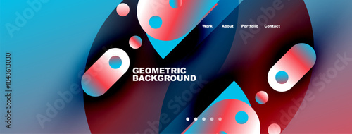Abstract geometric background features vibrant blue, pink hues. Navigation includes work, about, portfolio, contact options. Modern design.