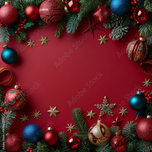 Wallpaper Mural Christmas Ornament Border with Copy Space on Red Background Torontodigital.ca