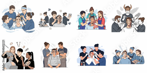 Collection of illustrations depicting teams of professional makeup artists applying complex special effects and theatrical prosthetics for film, cosplay, or stage performances.