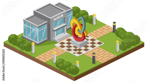 An isometric view of a modern art museum with a colorful sculpture in front and manicured gardens.