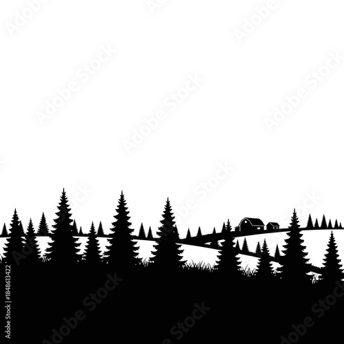 Silhouette landscape with evergreen trees and rolling hills, depicting a peaceful natural scene