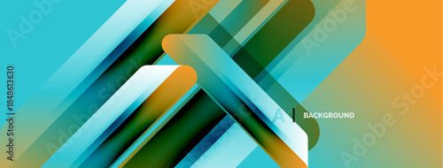 Abstract geometric shapes overlap, creating vibrant gradients. Blue, green, orange hues dominate composition. Modern design element.