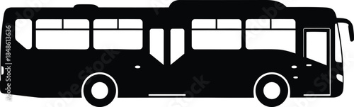 A simple black silhouette of a public transportation bus on a white background