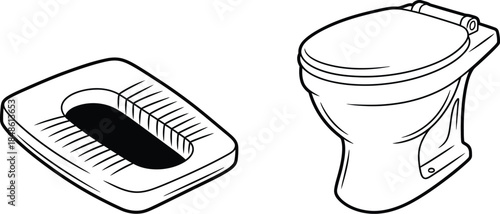 Line drawing of a western toilet and a squat toilet design