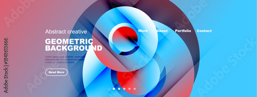 Abstract website design features vibrant overlapping circles. Text highlights work, about, portfolio, contact sections. Button invites further exploration.