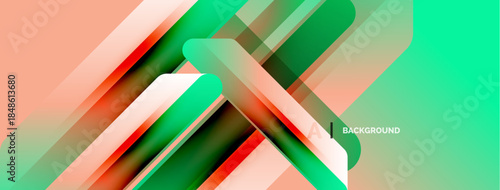 Abstract geometric design. Overlapping layers create dynamic visual effect. Gradient colors blend smoothly, forming modern backdrop.