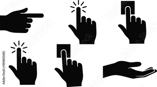 Black silhouette icons depicting various hand gestures and pointing actions