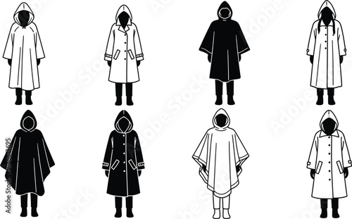Variety of hooded cloaks and raincoats in black and white illustrations