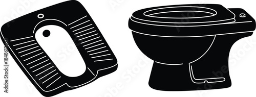 Black and white illustration of a urinal and a toilet bowl side by side
