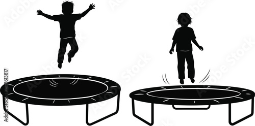 Children enjoying playful moments jumping on two separate trampolines in black silhouette
