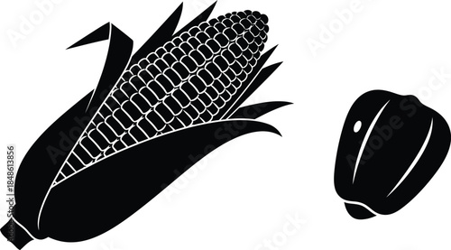 Black and white illustration of a corn cob with husk and a single kernel