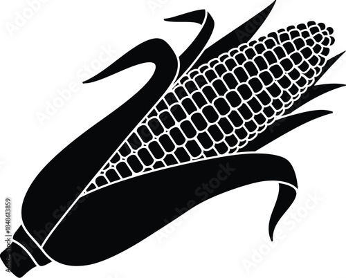 A black and white illustration depicting a single ear of corn with husk