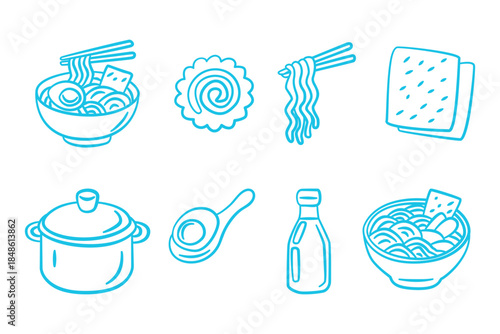 Japanese Ramen Noodle Soup and Traditional Cooking Ingredients Line Icons