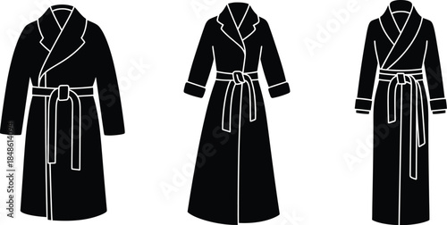 Black and white illustration of three different style bathrobes displayed