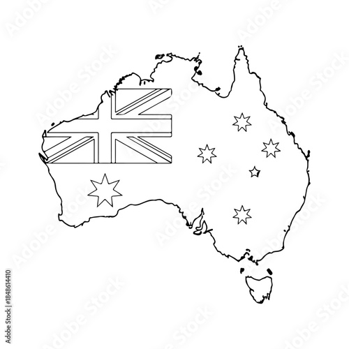 Black and white outline map of Australia with the national flag superimposed.