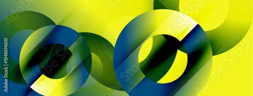 Abstract composition featuring overlapping circles, gradients. Yellow dominates with green, blue accents. Modern design, dynamic shapes.