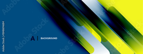 Abstract design features vibrant blue, yellow gradients. Overlapping lines create dynamic visual effect. Modern, sleek aesthetic.