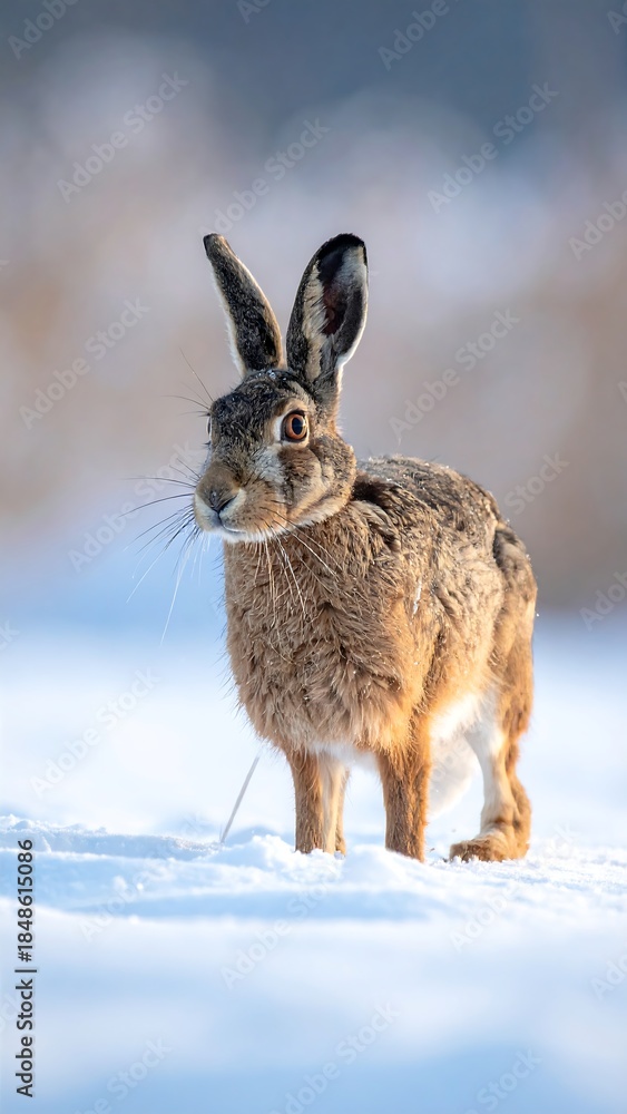 Obraz premium Brown and tan hare standing in pristine, white snow outdoors
