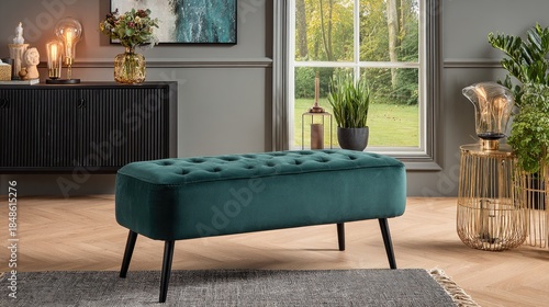 Elegant teal upholstered bench in stylish modern living room interior design