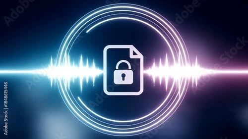 Secure Digital Document with Audio Waveform and Glowing Circles.
