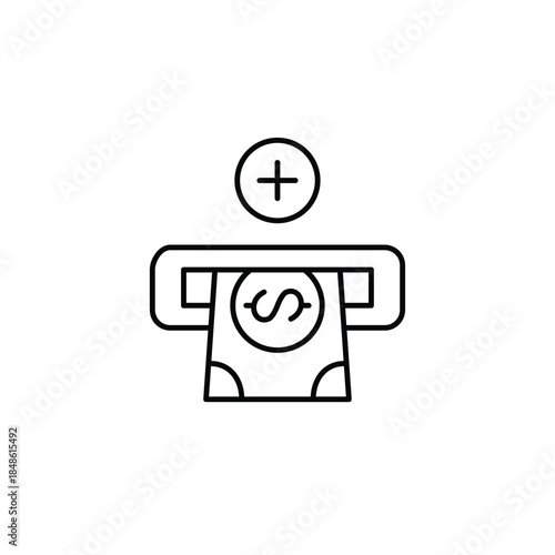 Dollar bill in ATM slot and plus. Cash access, data update. Pixel perfect, editable stroke vector icon