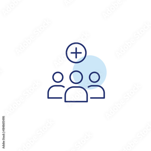 User add, new account to community group chat. Three people and plus. Pixel perfect, editable stroke vector icon