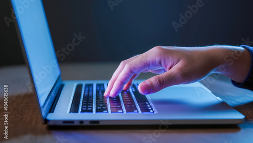 Close up of a persons hand typing on a laptop keyboard with blue light.
