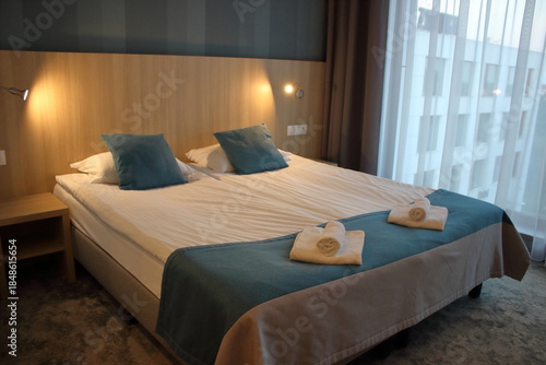 Modern hotel room with double bed interior
