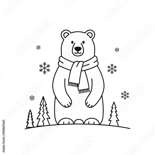 Cuddly polar bear in snowy forest with scarf on winter day