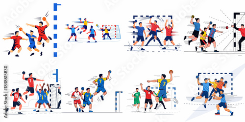 Dynamic Flat Vector Set of Handball Players in Action, Shooting, Jumping, and Defending the Goal During a Match.