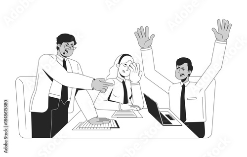 Conflict during meeting outline illustration. Toxic workplace culture. Employees confrontation. Diverse team disagreement office dispute 2D line characters isolated. Monochrome vector ink linear image